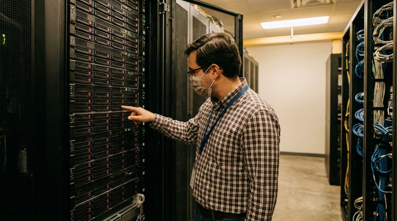 An engineer examines a tall server rack packed with solid-state drives in a modern data center.