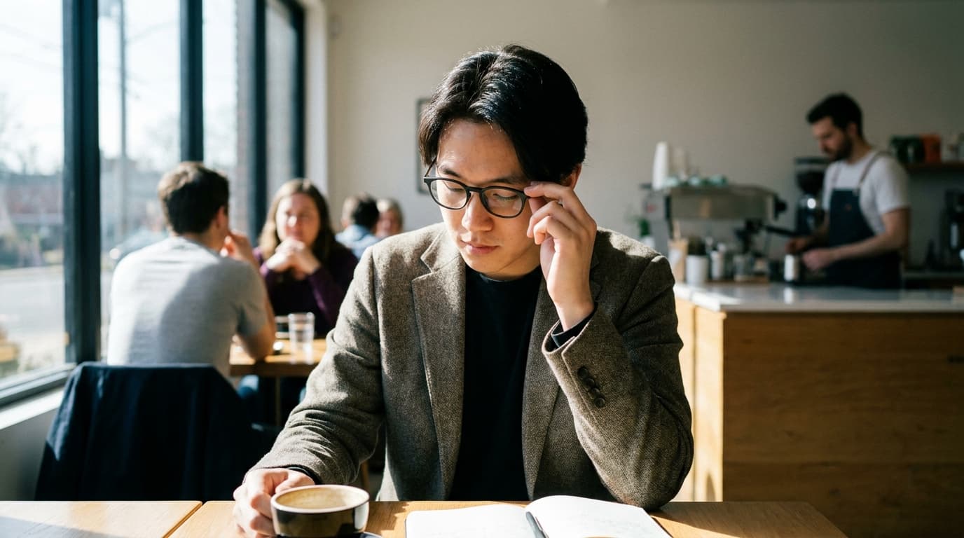 A person wearing modern smart glasses at a cafe, with the city street visible behind them.
