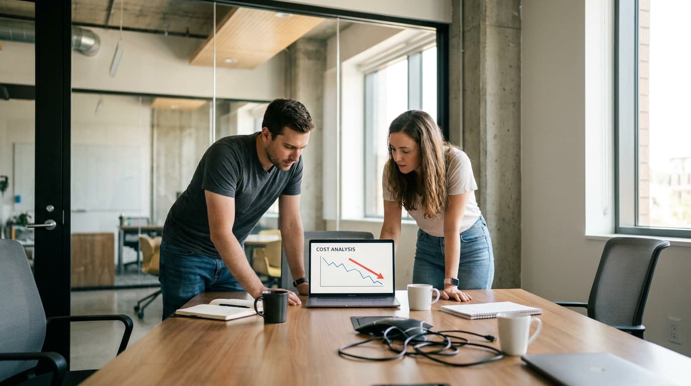 Two developers analyze a graph on a laptop that shows a significant decrease in operational costs for their project.