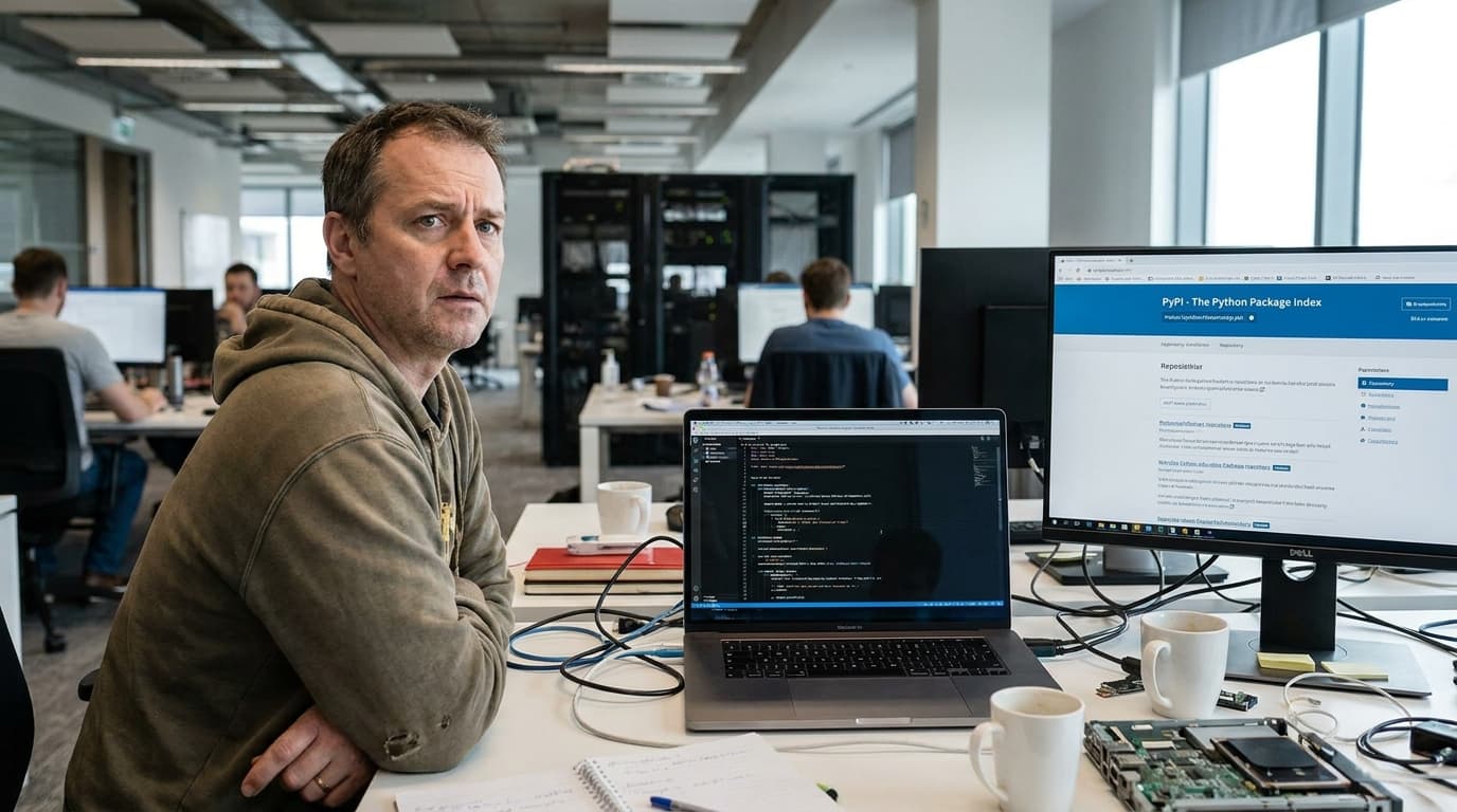A security engineer studies Python code on a laptop, with the PyPI software repository visible on a second monitor.