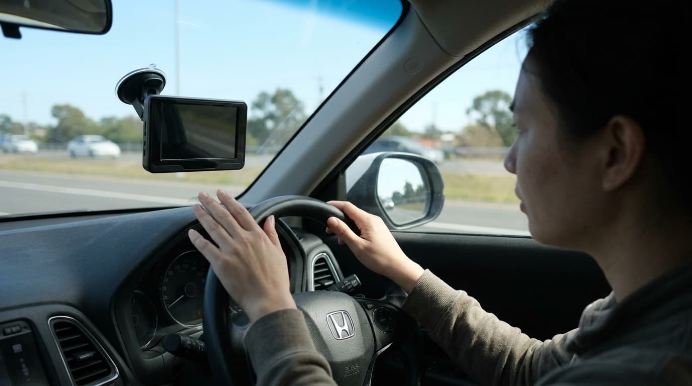 A driver uses a third-party open-source driver-assistance device mounted to the windshield of their car on a highway.