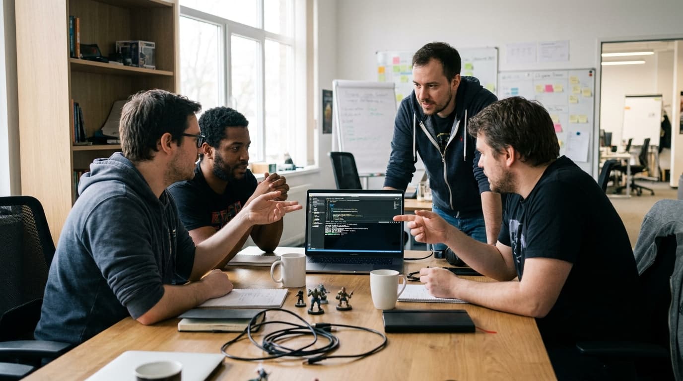 A team of video game developers collaborates on a project, gathered around a laptop in a modern office setting.
