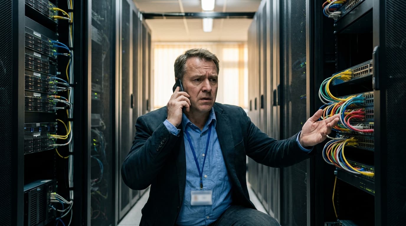 An IT engineer stands in a server room, troubleshooting a network rack filled with blinking lights and cables.