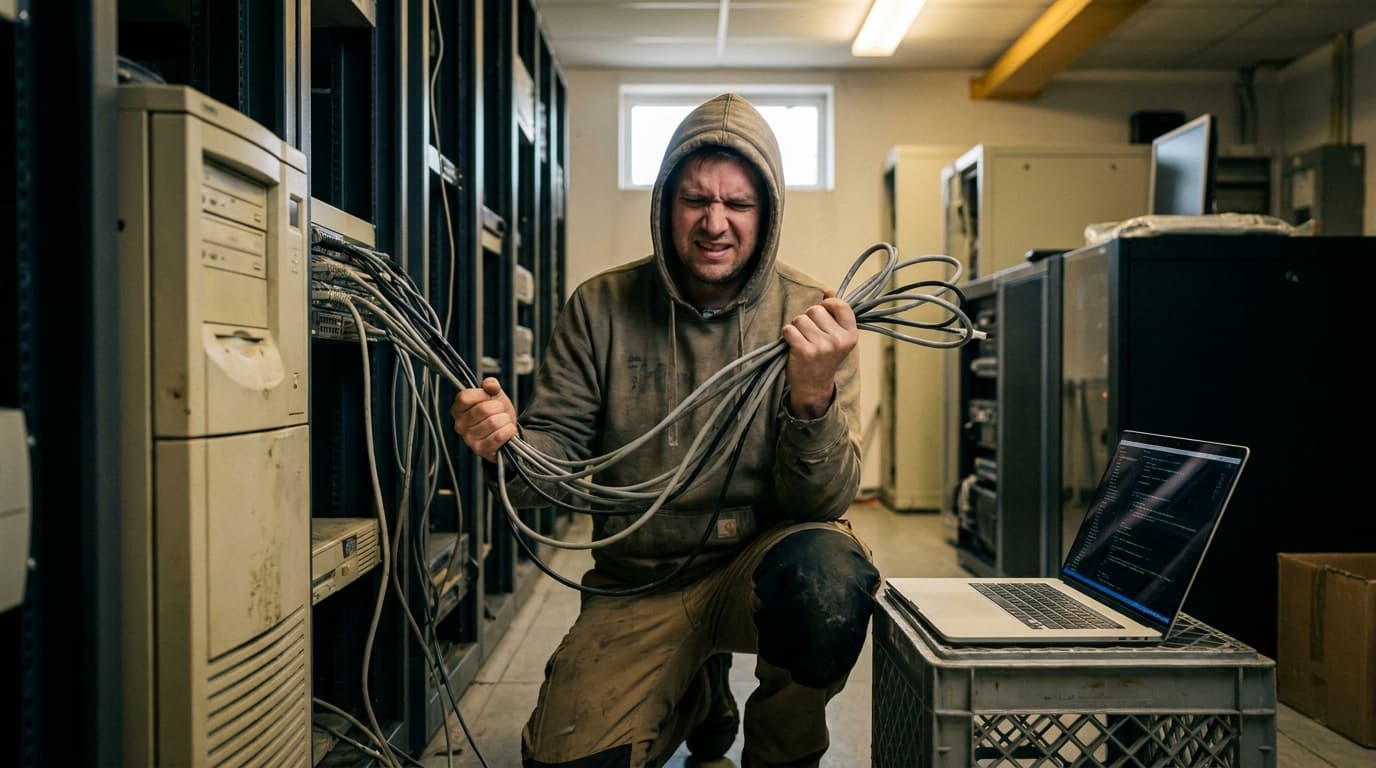 An IT engineer stands in a data center, looking at a messy rack of old servers and tangled network cables.