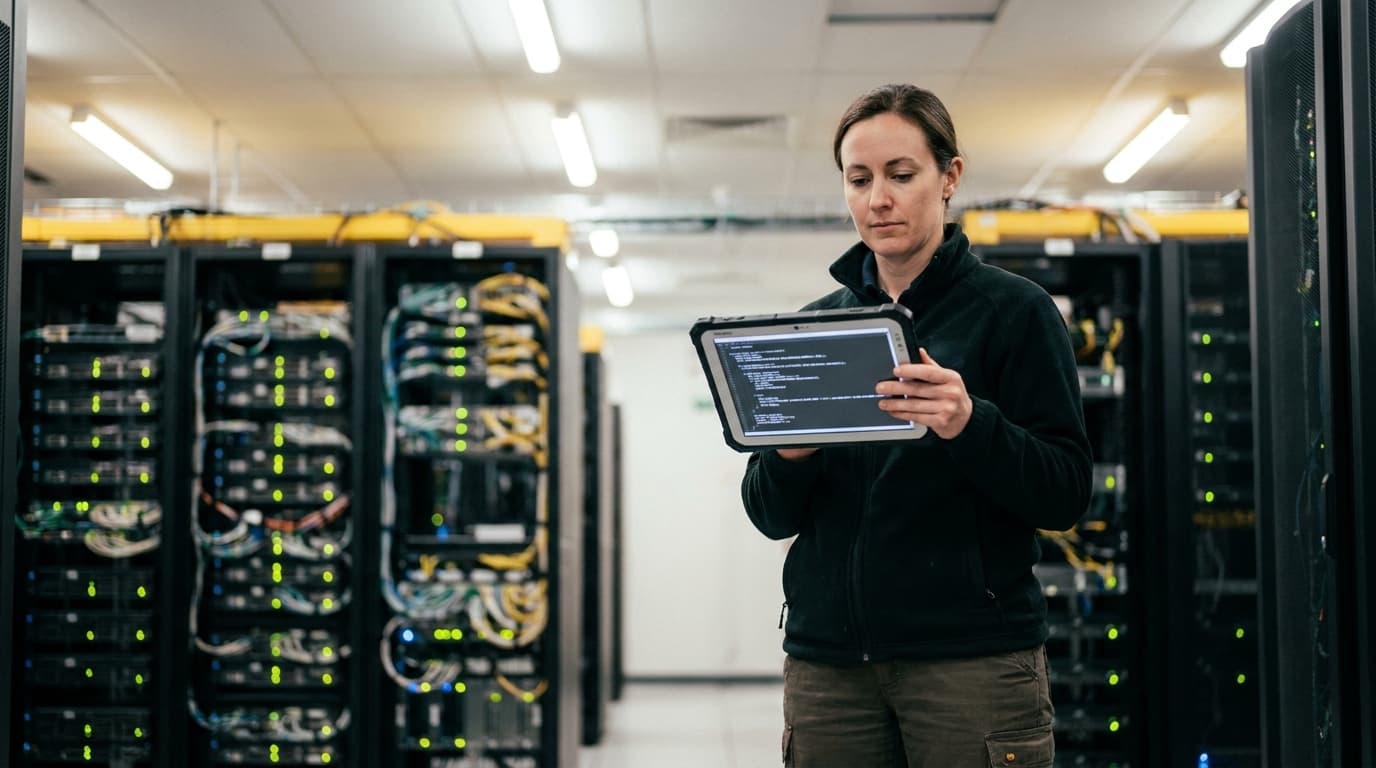 An IT professional reviews infrastructure code on a tablet while standing in a data center next to server racks.