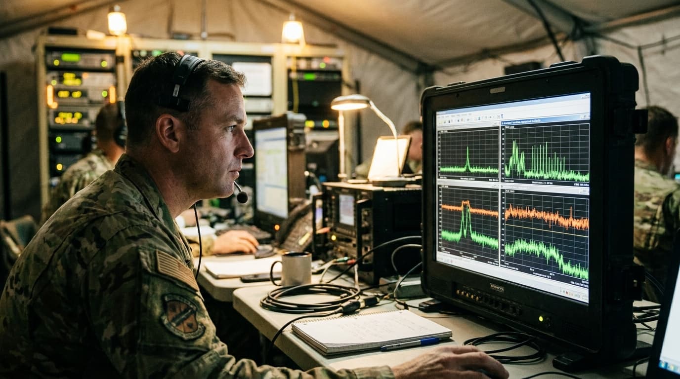 A signals intelligence officer analyzes satellite communication data on a computer screen in a secure operations center.