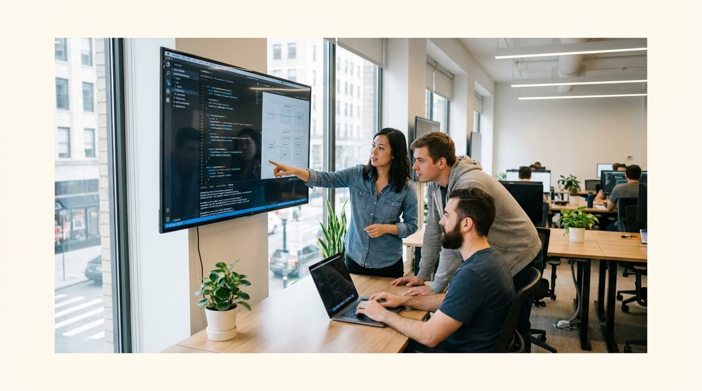 Three diverse software engineers discuss a project while looking at code on a large screen in their office.