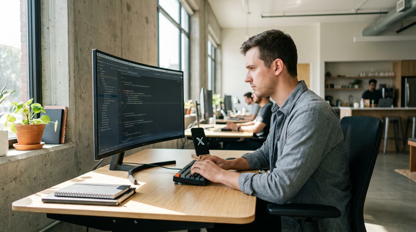 A software engineer at their desk writing Kotlin code on a computer, with a smartphone showing the X app on the table.