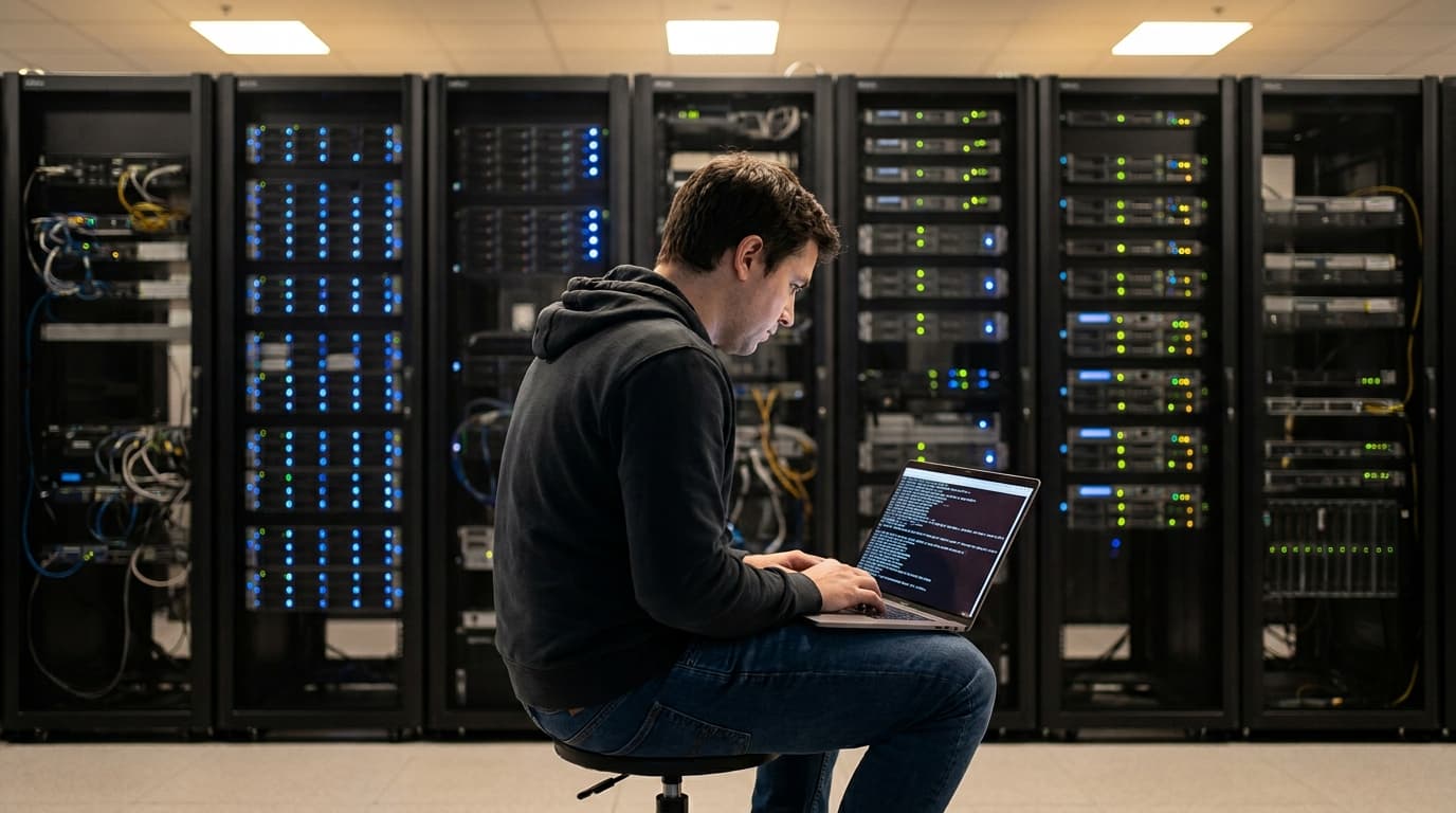 An IT engineer works on a laptop in a server room, managing database infrastructure on racks of computer equipment.