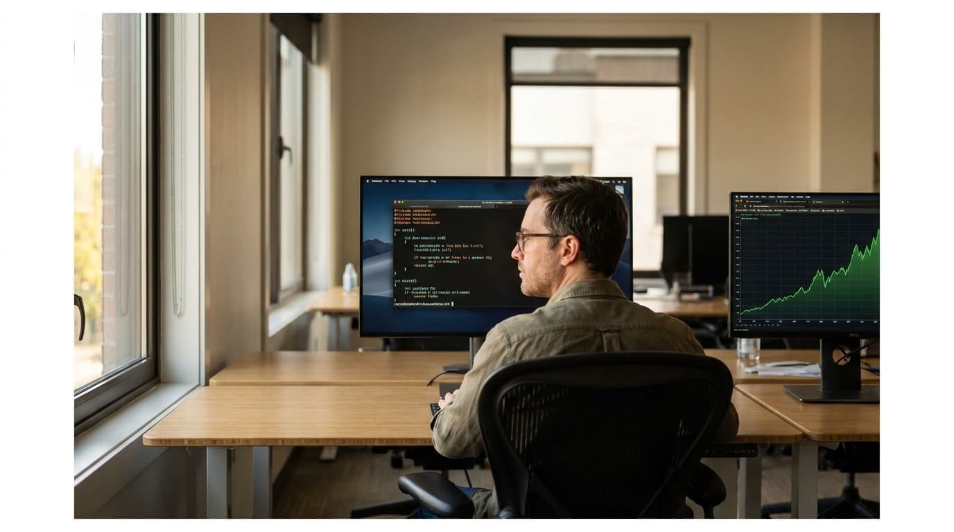 A developer studies C code on one screen while a performance graph on a second screen shows a significant improvement.