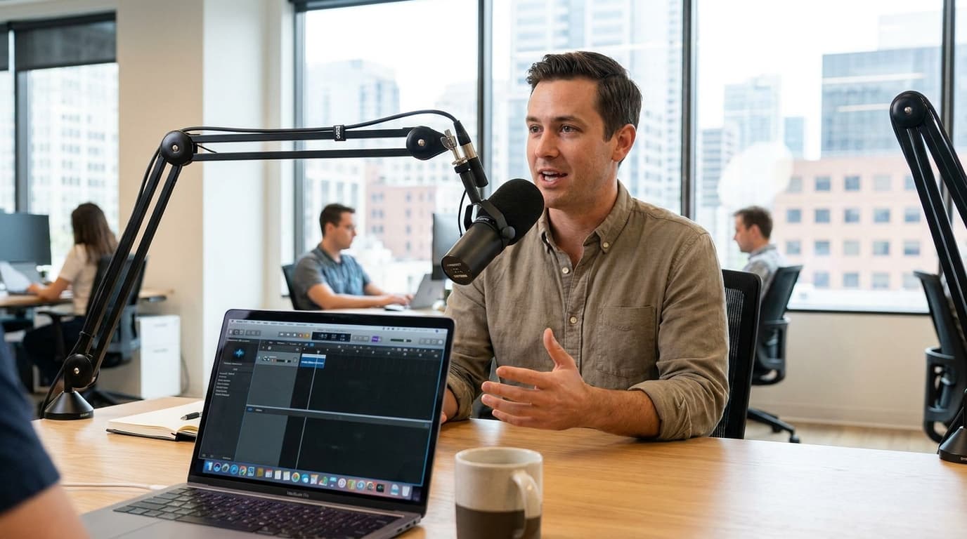 A venture capitalist records a business podcast in an office setting, speaking into a microphone.