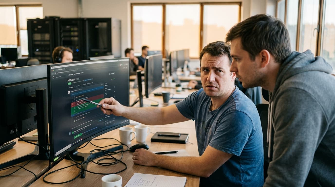 Two software developers in an office environment closely examine a line of code on a computer monitor.