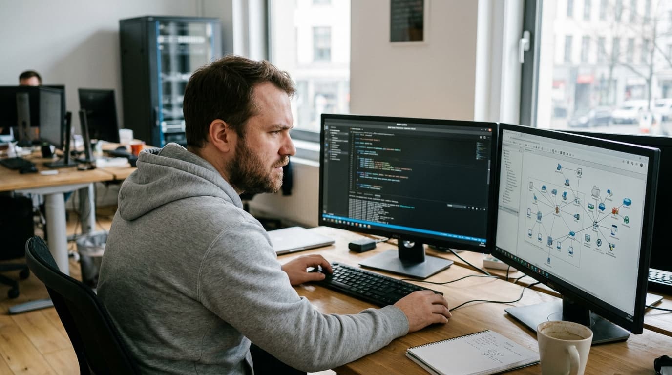 A cybersecurity analyst in an office reviews code on their computer, looking for security vulnerabilities.