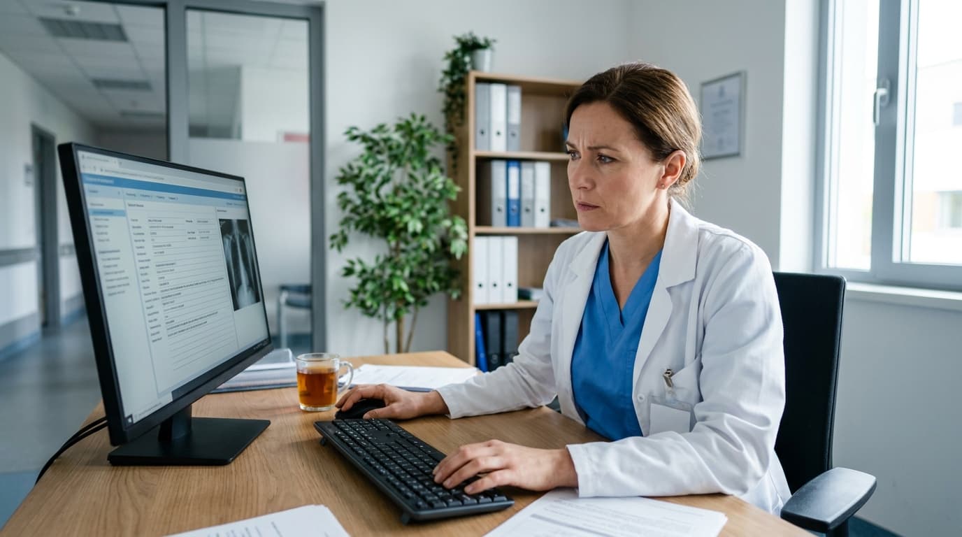 A doctor in scrubs sits at a desk in a hospital office, reviewing patient information on a desktop computer.