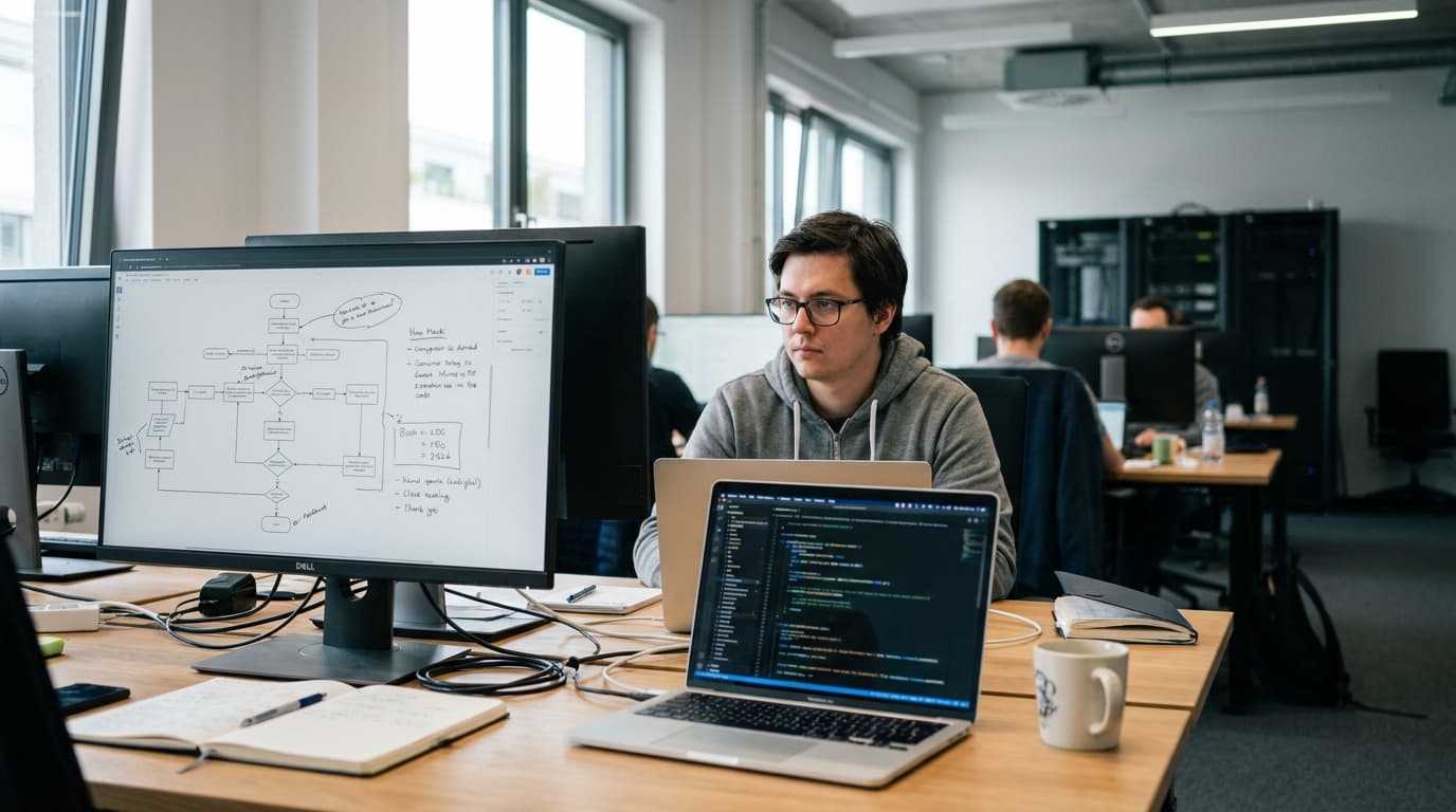 A security engineer reviews a workflow diagram on a monitor while coding on a laptop in an office setting.