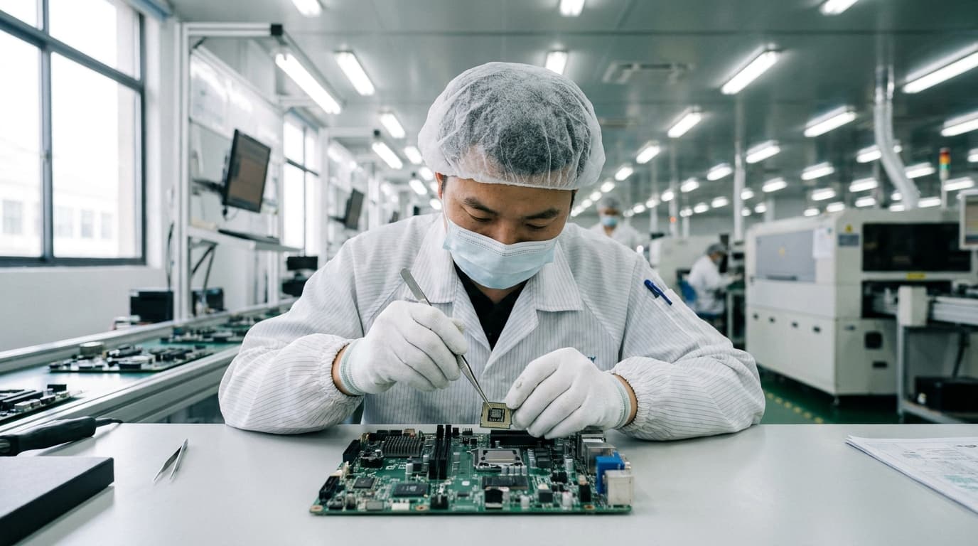 A factory worker installs a DRAM memory module onto the main circuit board of a laptop during assembly.