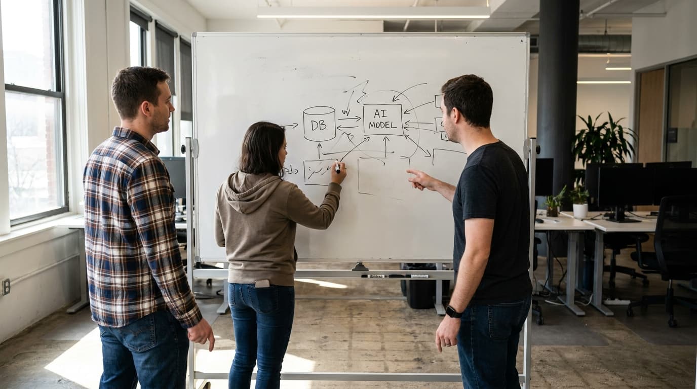 Three developers collaborate at a whiteboard, designing the technical architecture for a new software application.