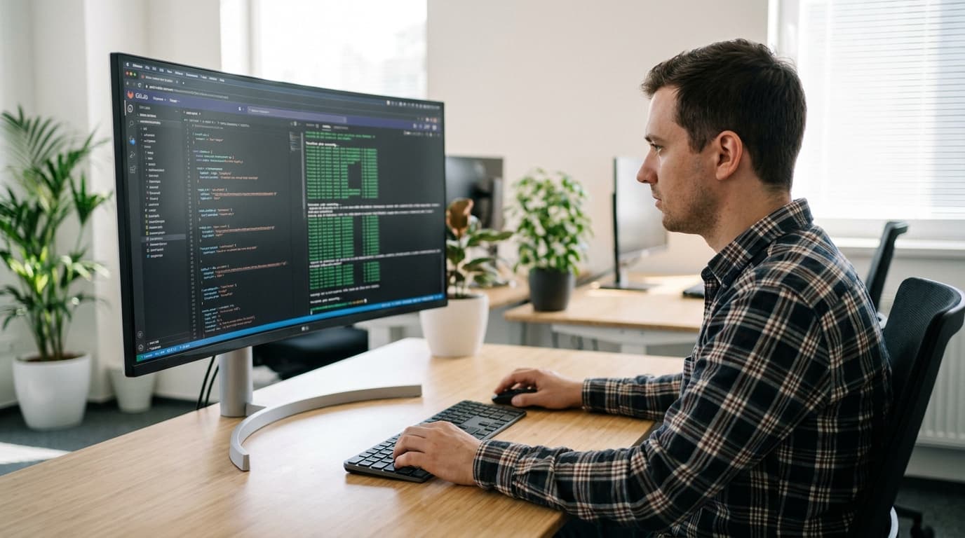 A developer at their computer workstation reviews code in the GitLab user interface while a command-line process runs on a second monitor.