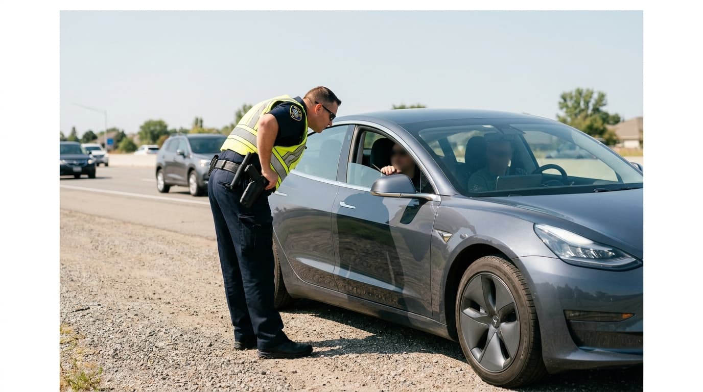 A police car with lights on has pulled over a Tesla on the side of a road, with the officer talking to the driver.