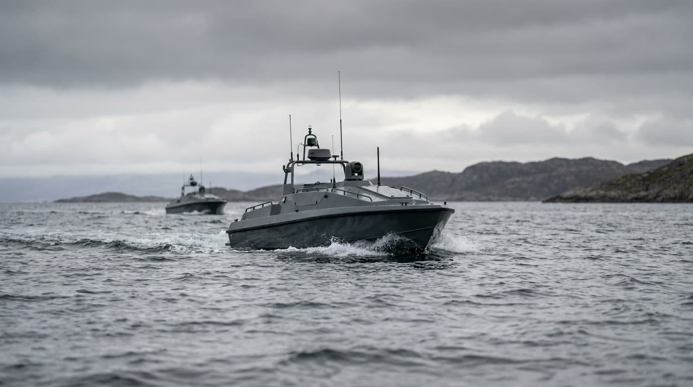 Two unmanned SeaShark drone boats navigate across the open sea during an autonomous swarming test.