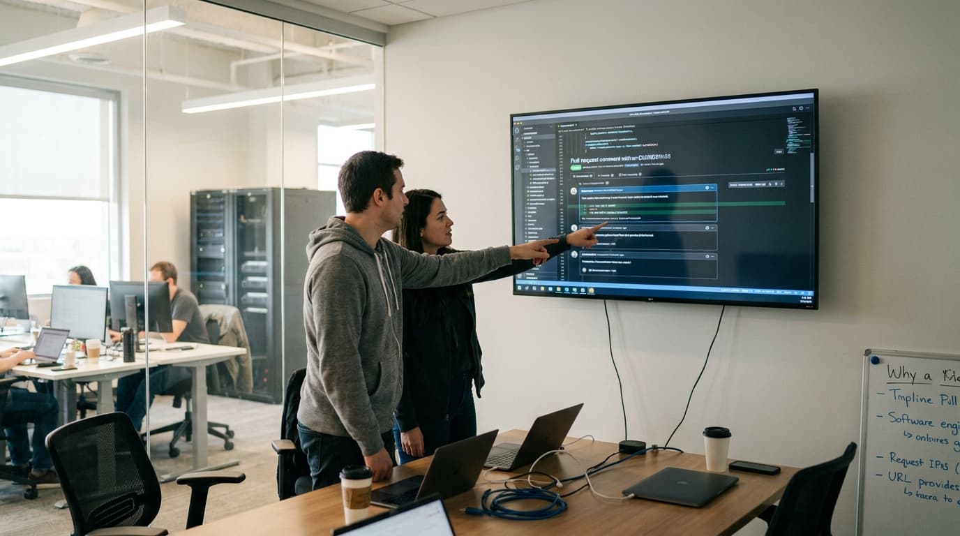 Two engineers discuss a pull request on a large screen in a bright, modern office conference room.