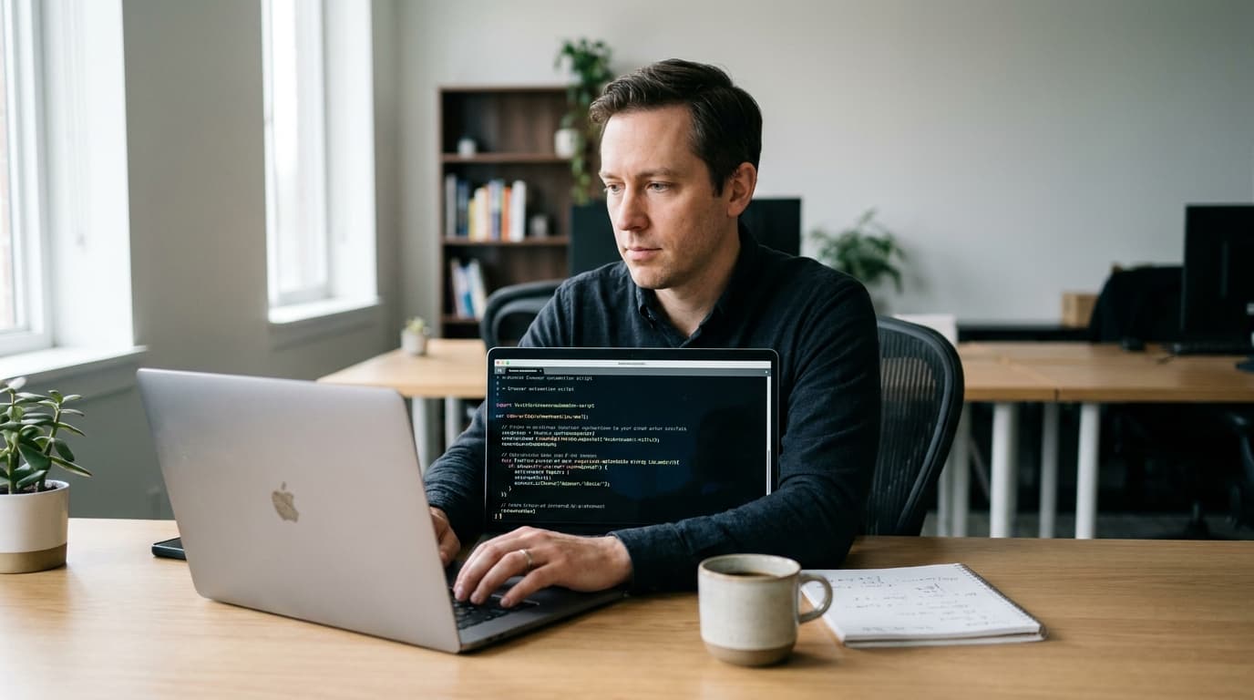 A developer sits at a wooden desk, writing code on a laptop to automate a web browser for an AI agent.