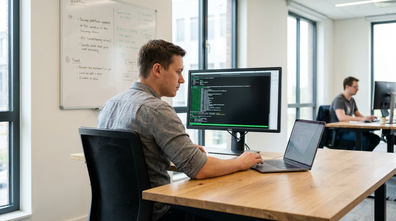A developer at a desk in an office, working on code related to container registries on their computer.
