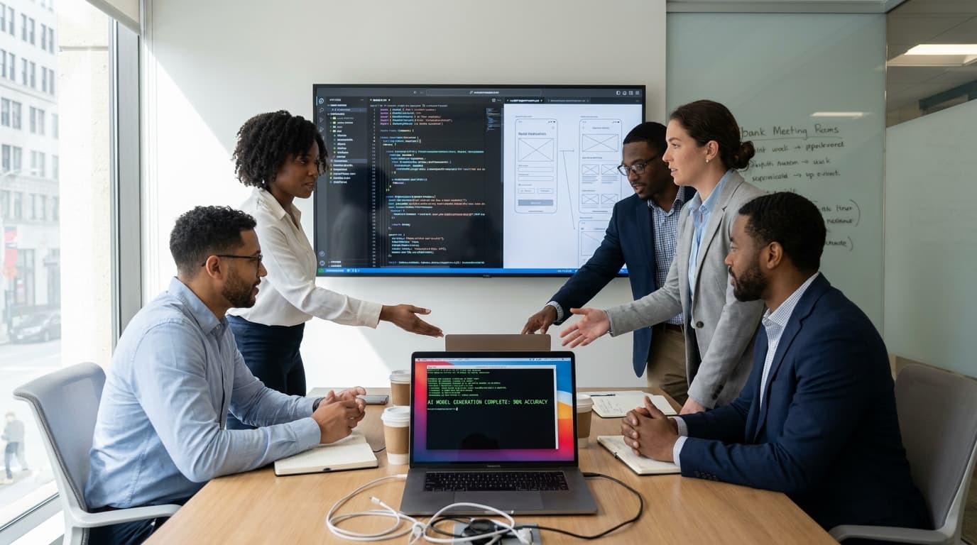 A team of developers in a bank's office reviews AI-generated code and UI designs on a large monitor during a meeting.