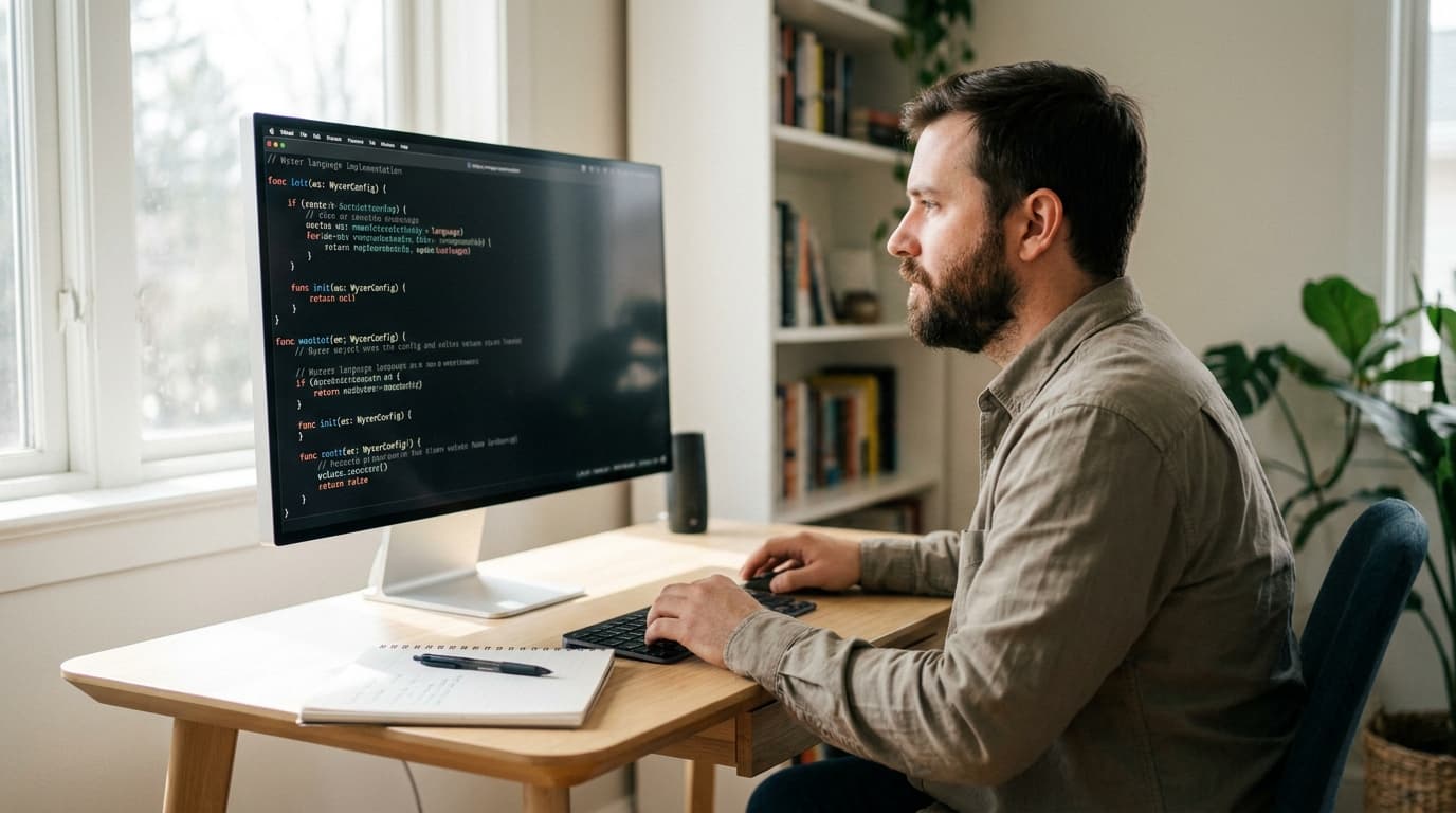 A developer working on the Wyzer programming language on their computer in a simple office setting.