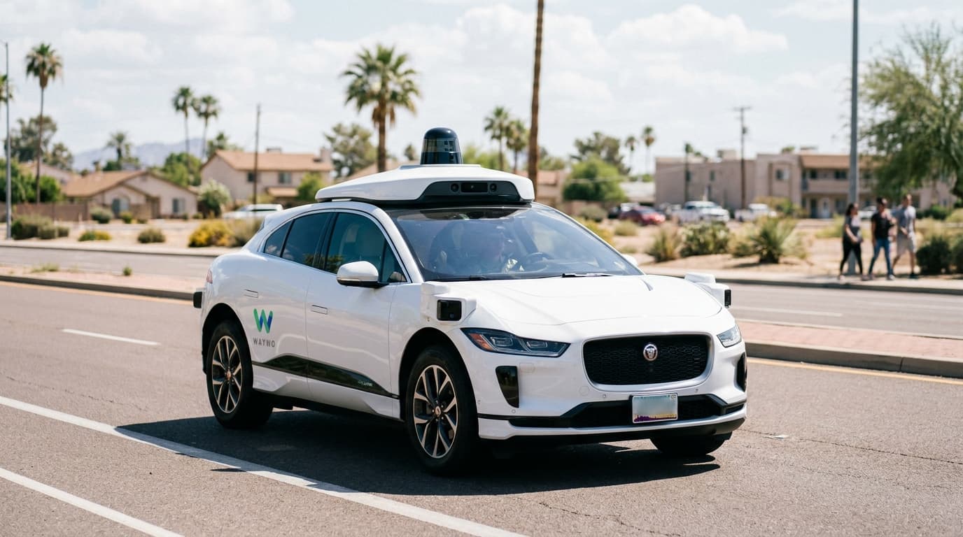 A white Waymo self-driving car equipped with Lidar and other sensors on its roof driving down a residential street.