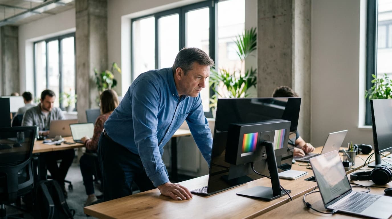 An IT professional inspects a new thin-bezel OLED computer monitor sitting on a clean desk in an office.
