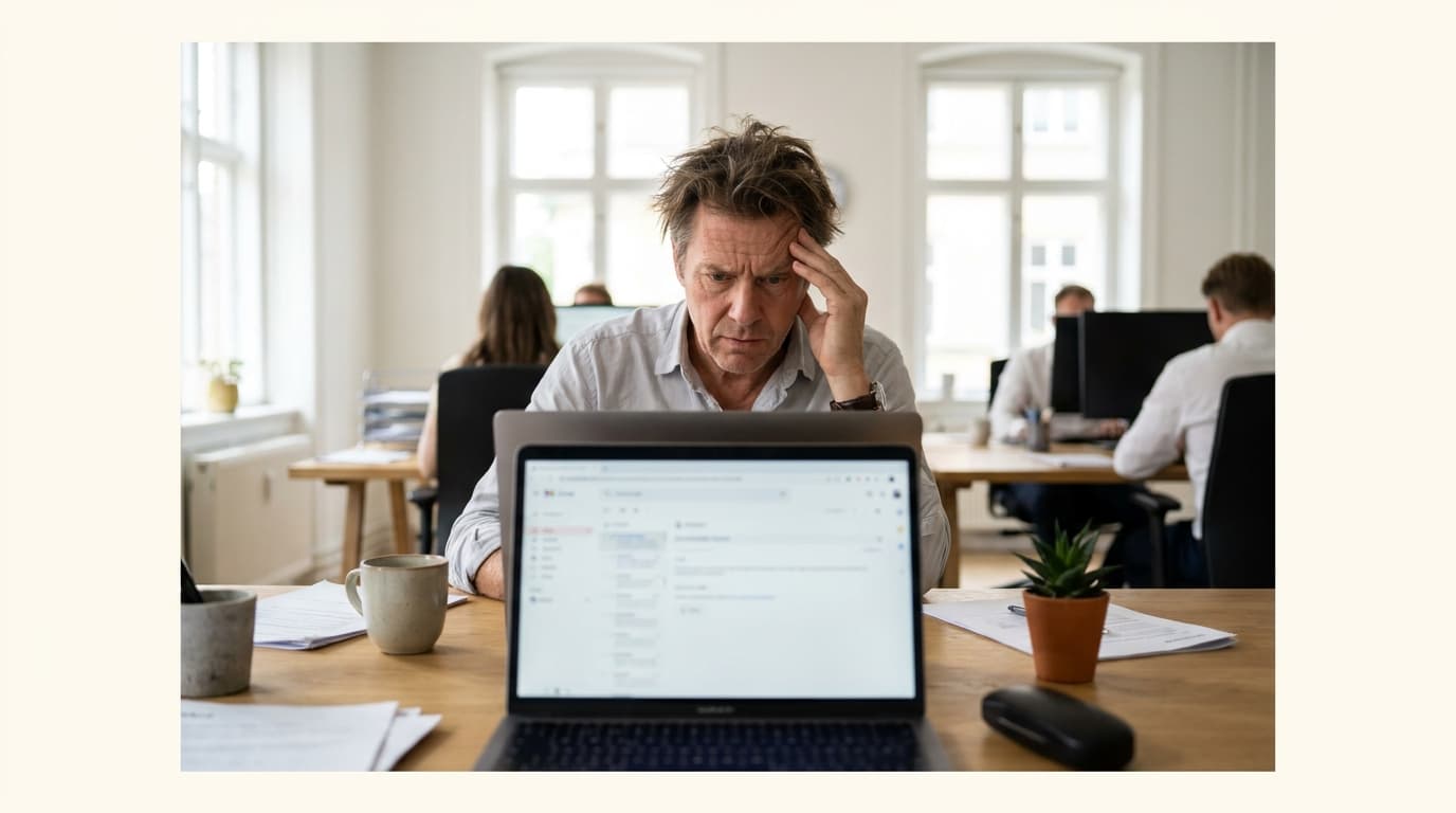 A person at their desk looking thoughtfully at their laptop, which displays an email application.