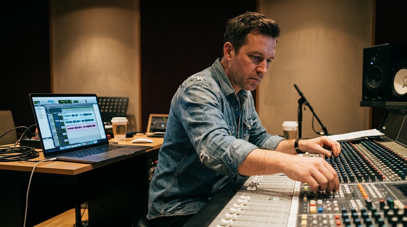 A person working at a professional audio mixing board in a dimly lit recording studio, focused on the controls.