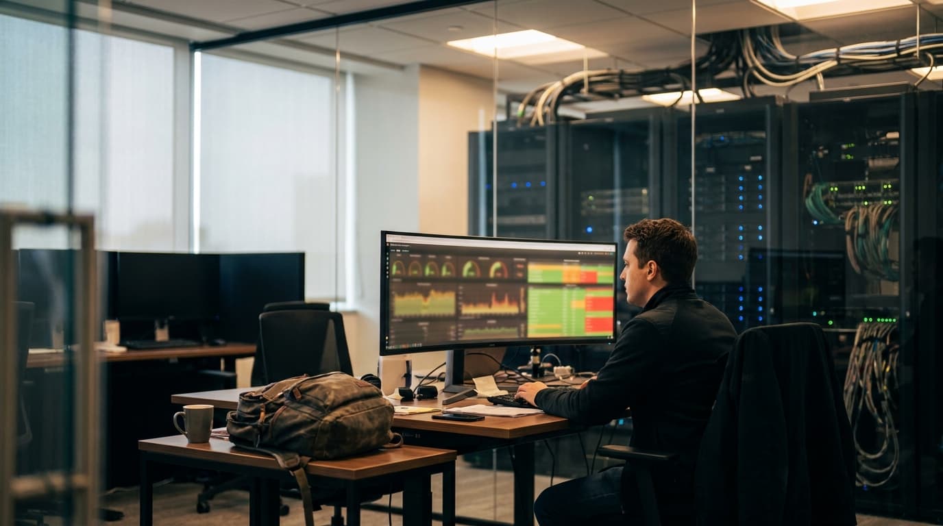 An engineer in an office monitoring complex system health data on a large computer screen.