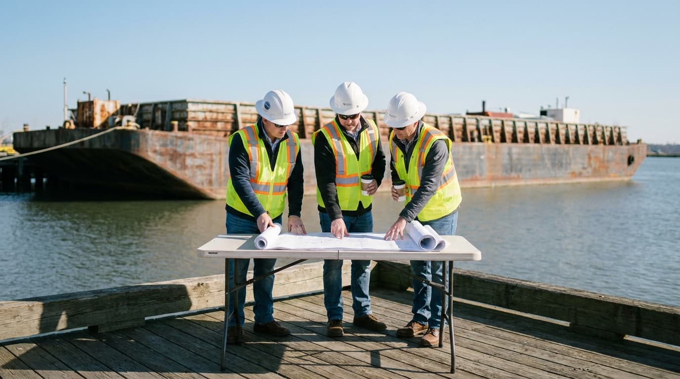 Two engineers review plans on a dock next to a large industrial barge being prepared for construction as a floating data center.