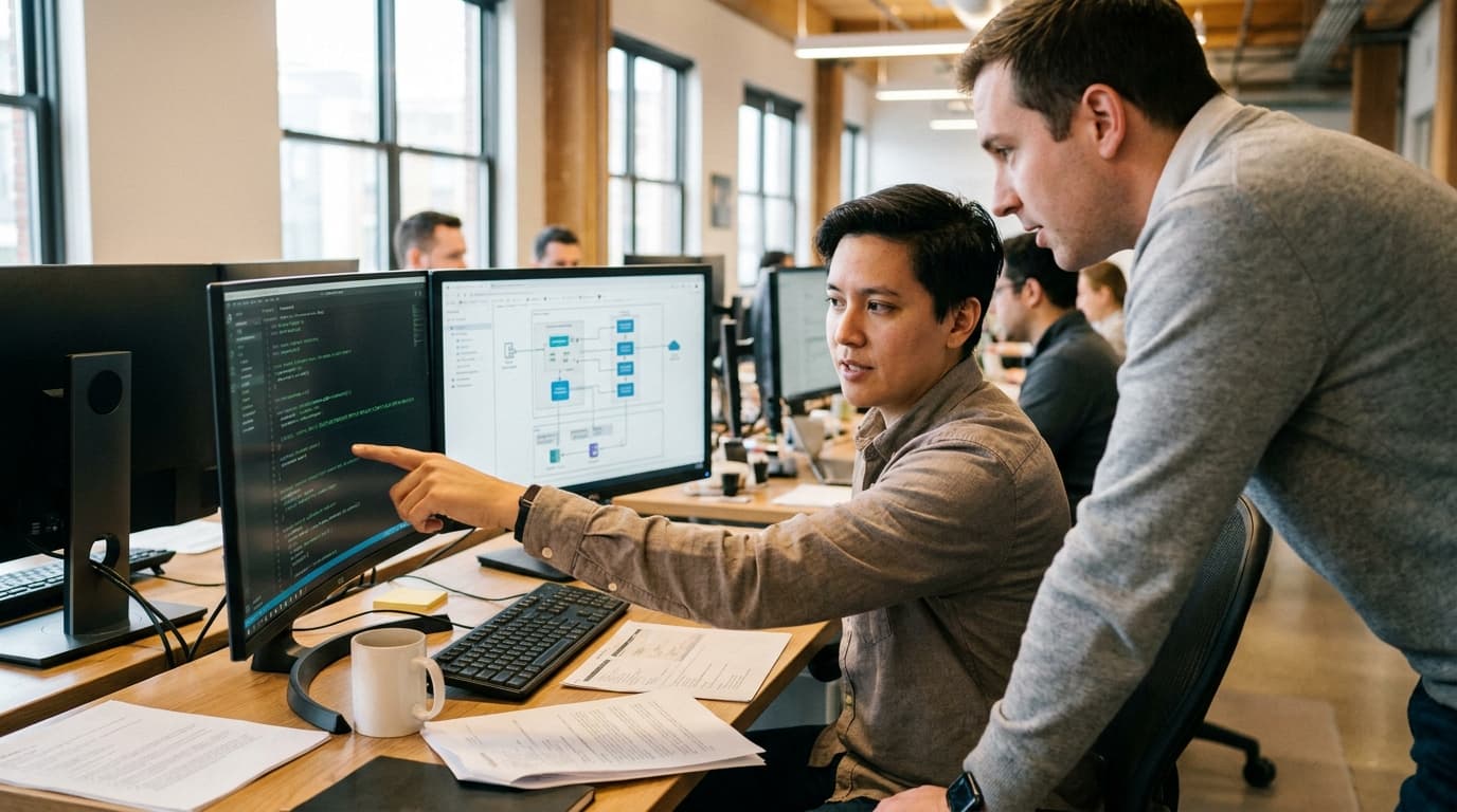 Two security professionals in an office collaborating over code on a computer screen showing a system diagram.