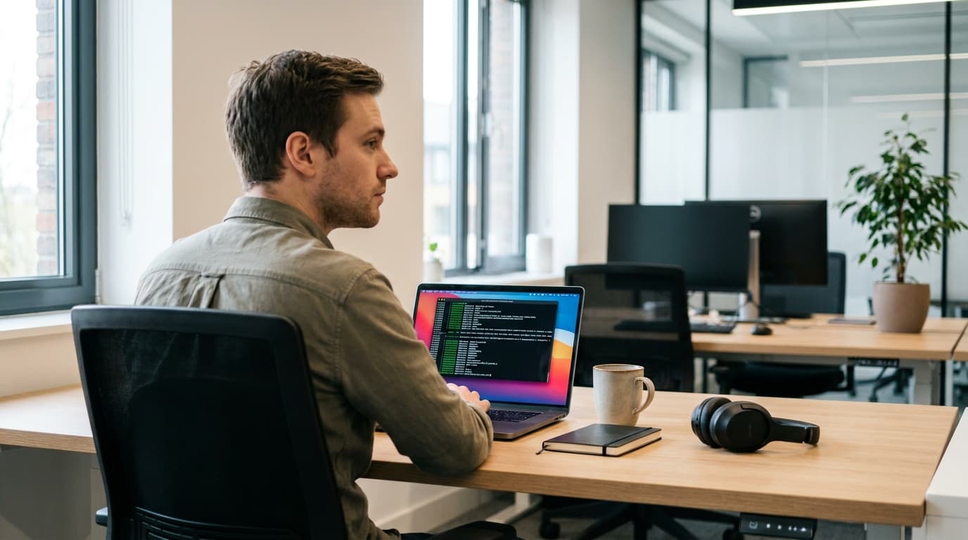 A developer in an office environment reviews infrastructure code on their laptop, focused on a terminal screen.