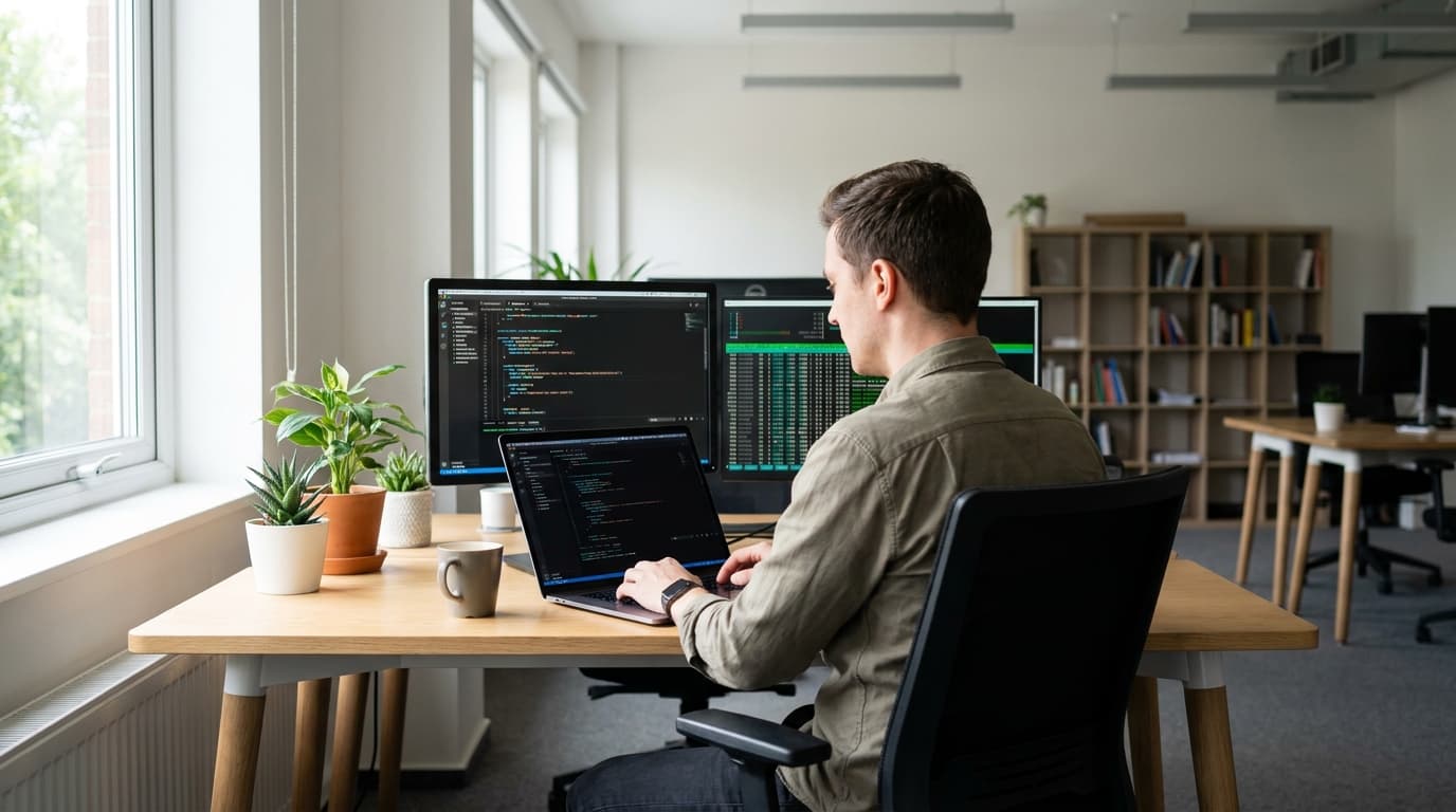 A software developer at their desk writing code on a laptop, with a second monitor displaying a command-line terminal.