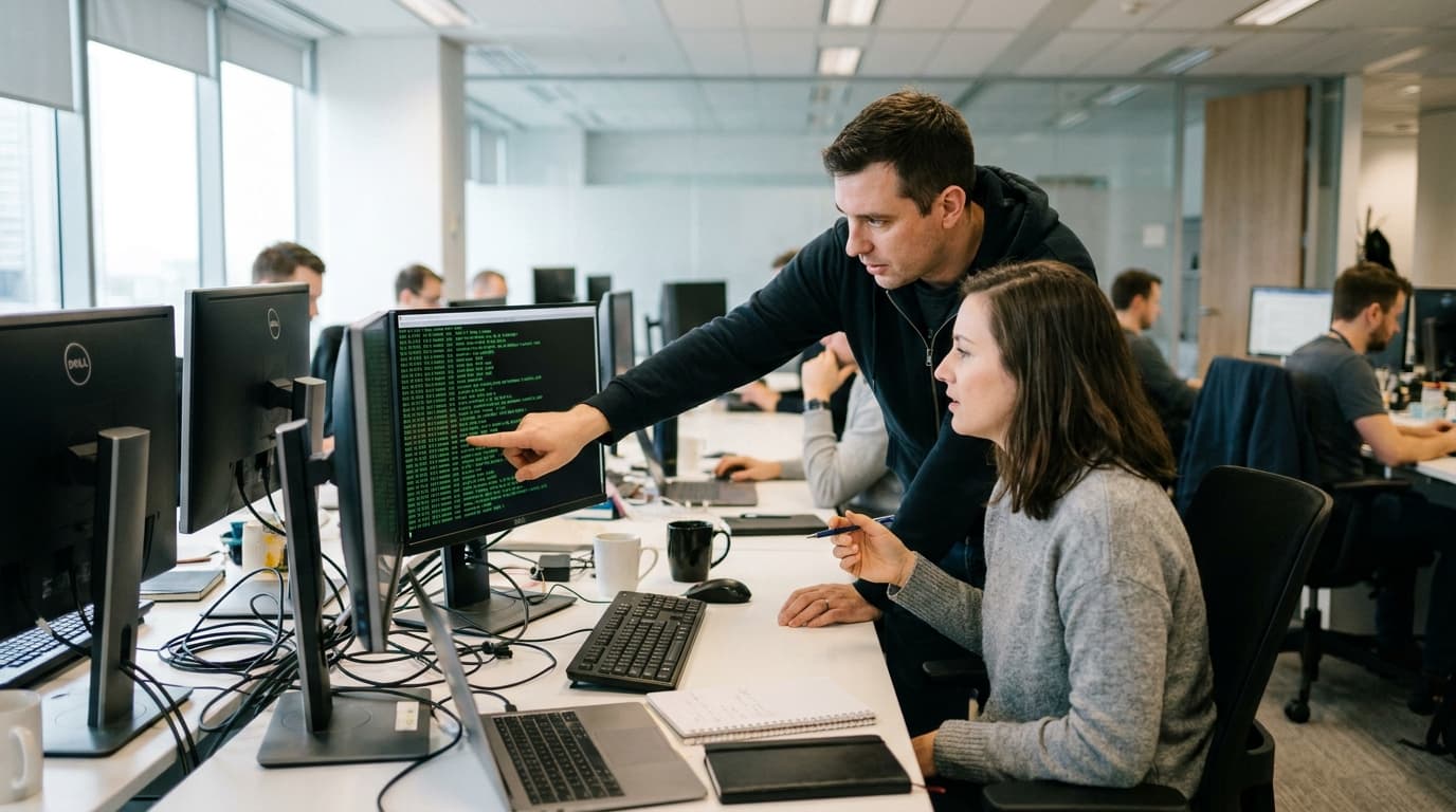 A security engineer and a developer collaborate in an office, reviewing security logs on a computer monitor.
