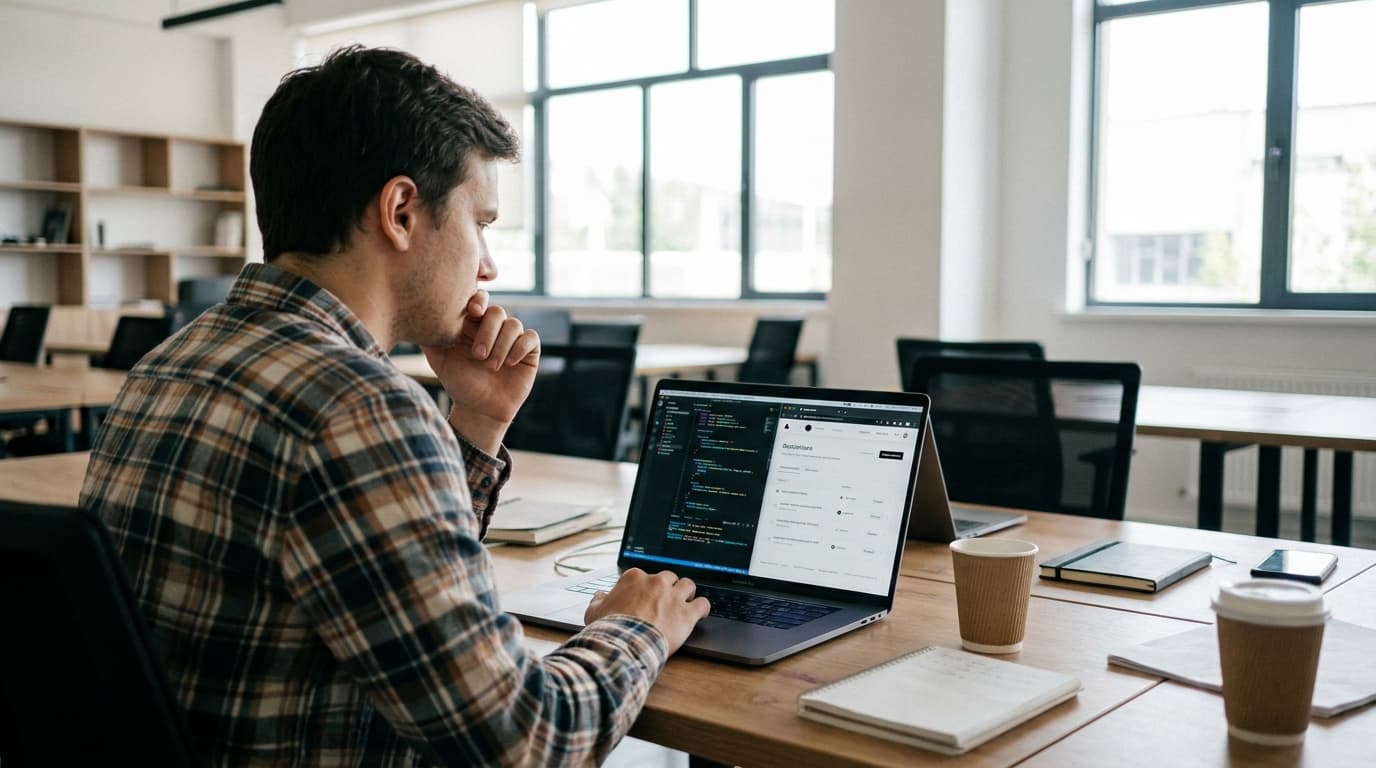 A software developer working on a laptop that shows a Vercel dashboard and code editor in an office setting.