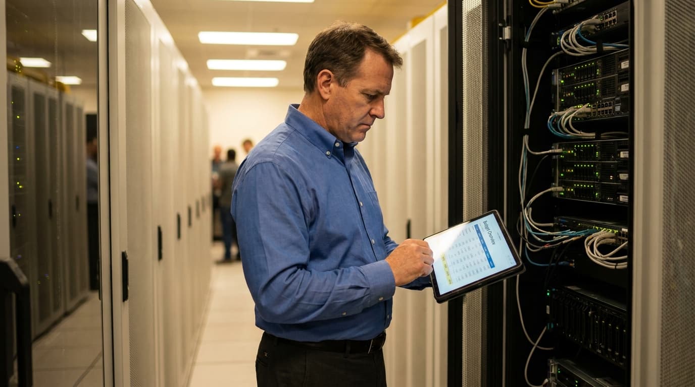 An IT professional in a data center checks a server rack while reviewing a budget on a tablet.