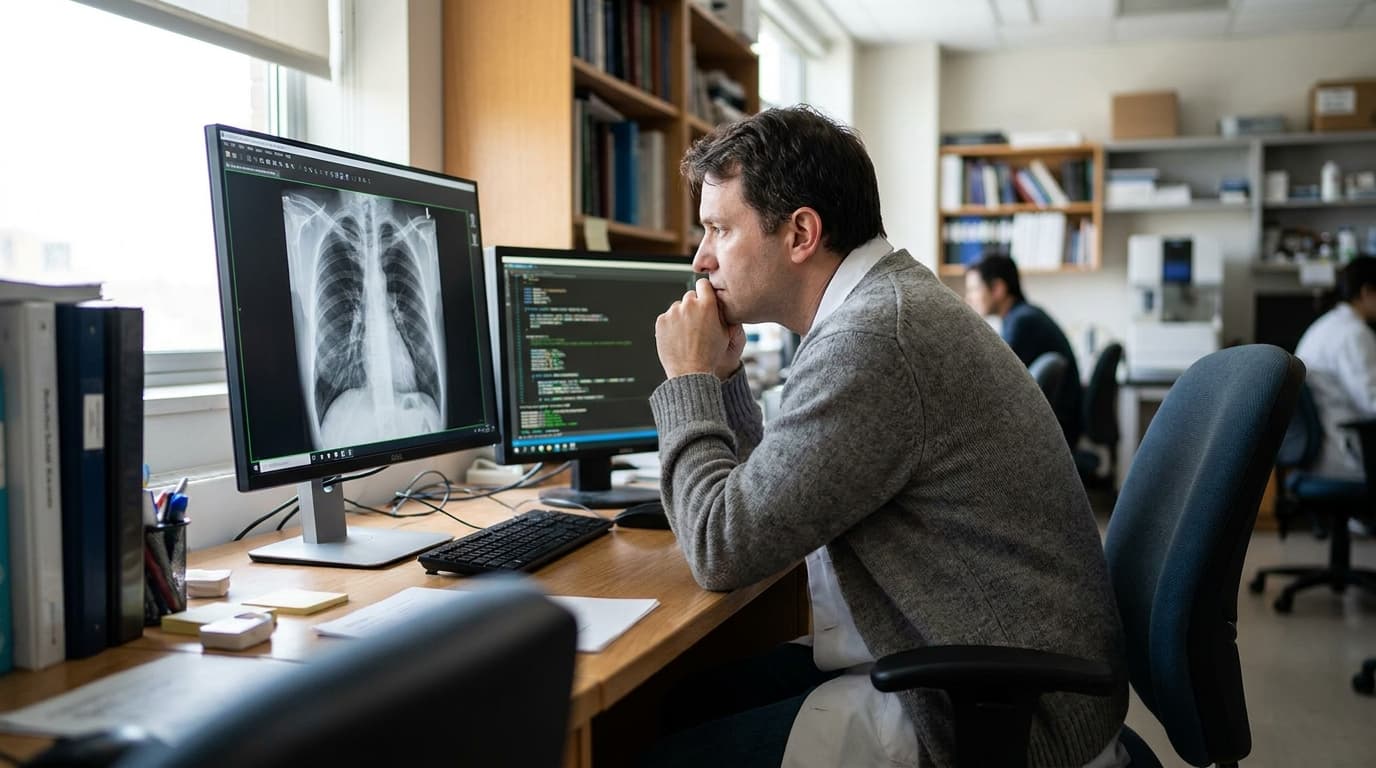 A researcher analyzing a medical scan on a computer monitor in a modern laboratory setting.