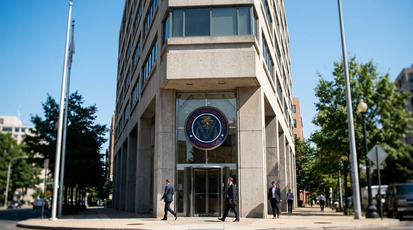 The Federal Communications Commission headquarters building in Washington, D.C., on a sunny day.