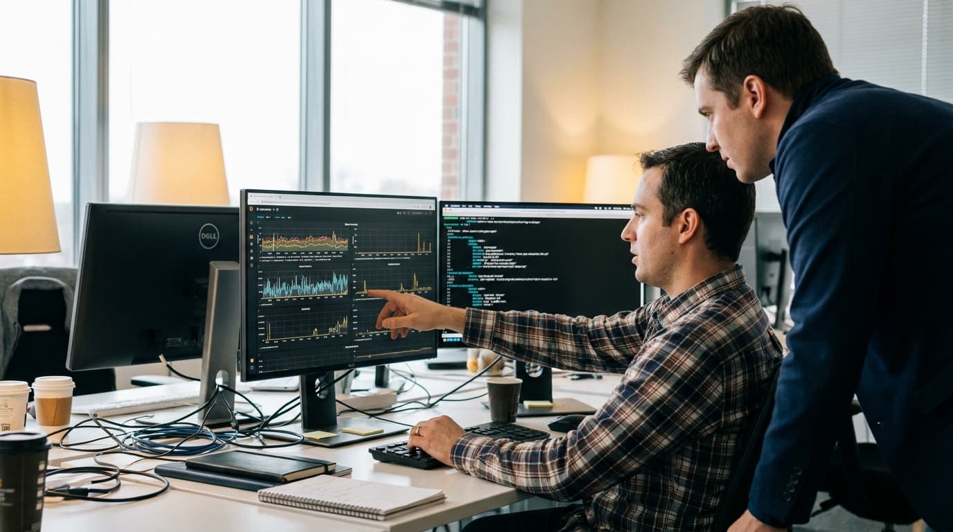 Two engineers in an office collaborating over a computer screen displaying a complex data graph and code.