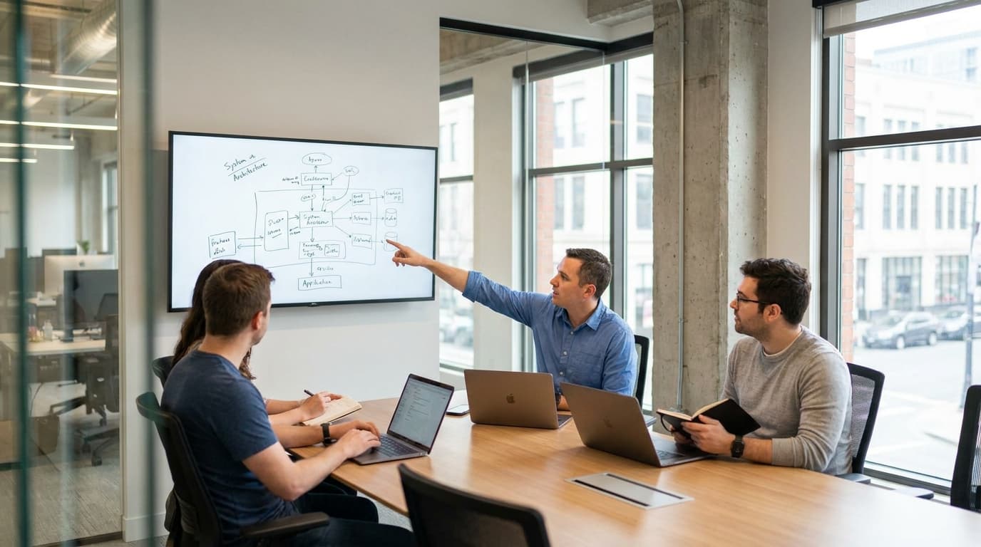 A group of engineers discusses a system architecture diagram on a large screen in a conference room.