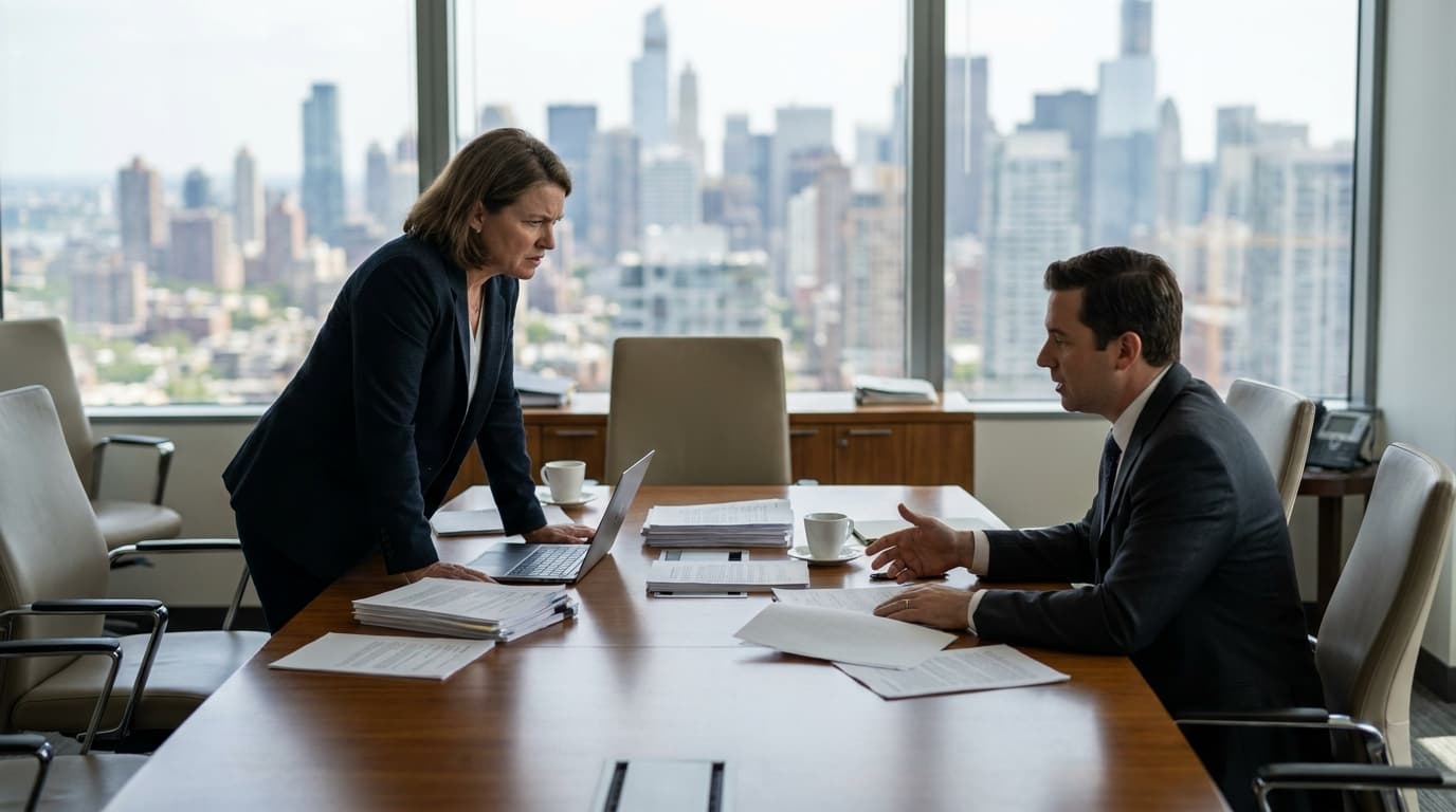 A fintech executive and a lawyer review legal papers together at a large table in a high-rise office.