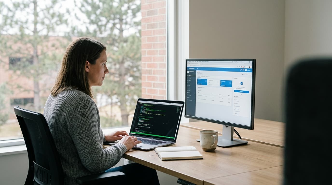A developer sits at a desk with two monitors, writing code on one screen for a web application shown on the other.