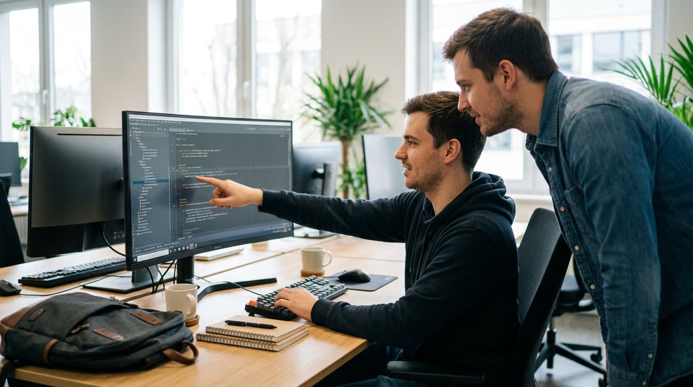 Two software developers discussing code displayed on a computer screen showing the IntelliJ IDEA development environment.