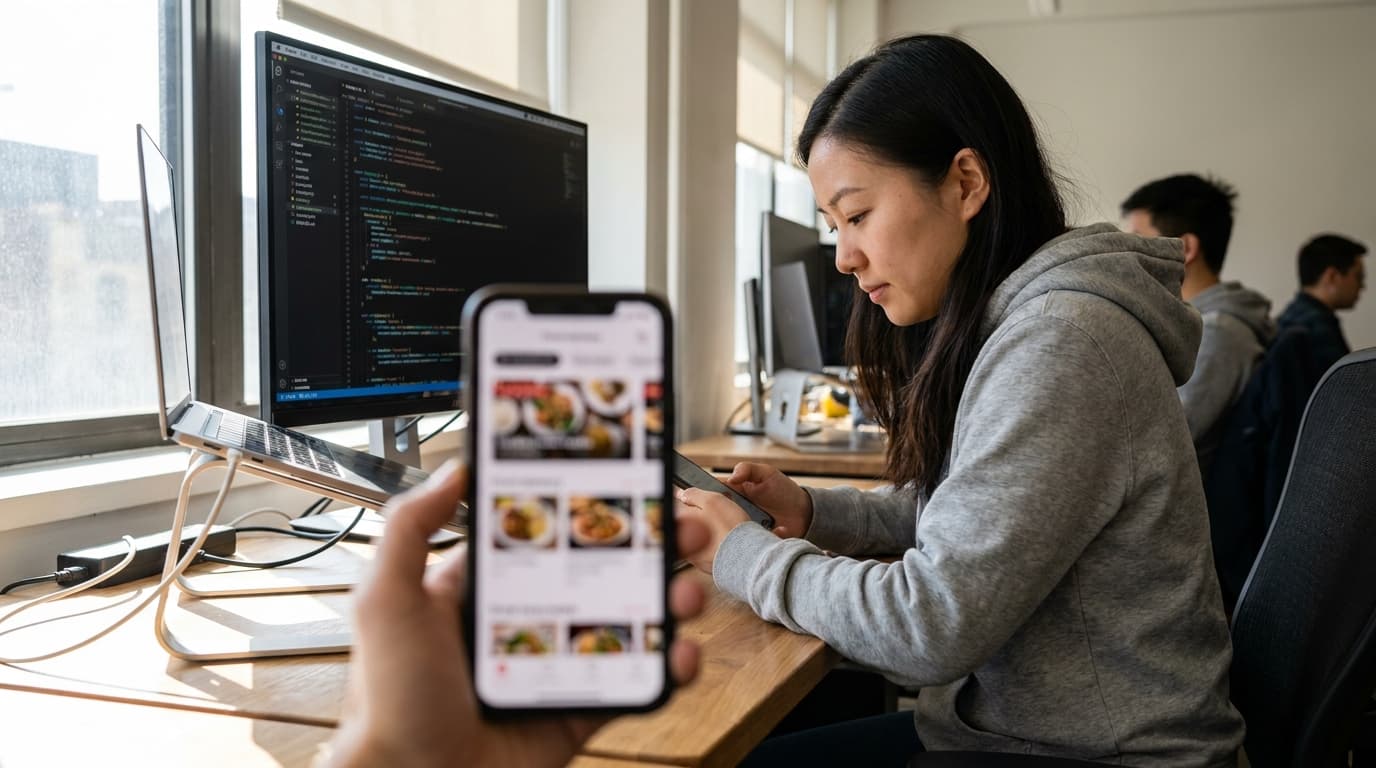 A software developer at their desk tests the Uber Eats application on a smartphone while reviewing code on a computer monitor.
