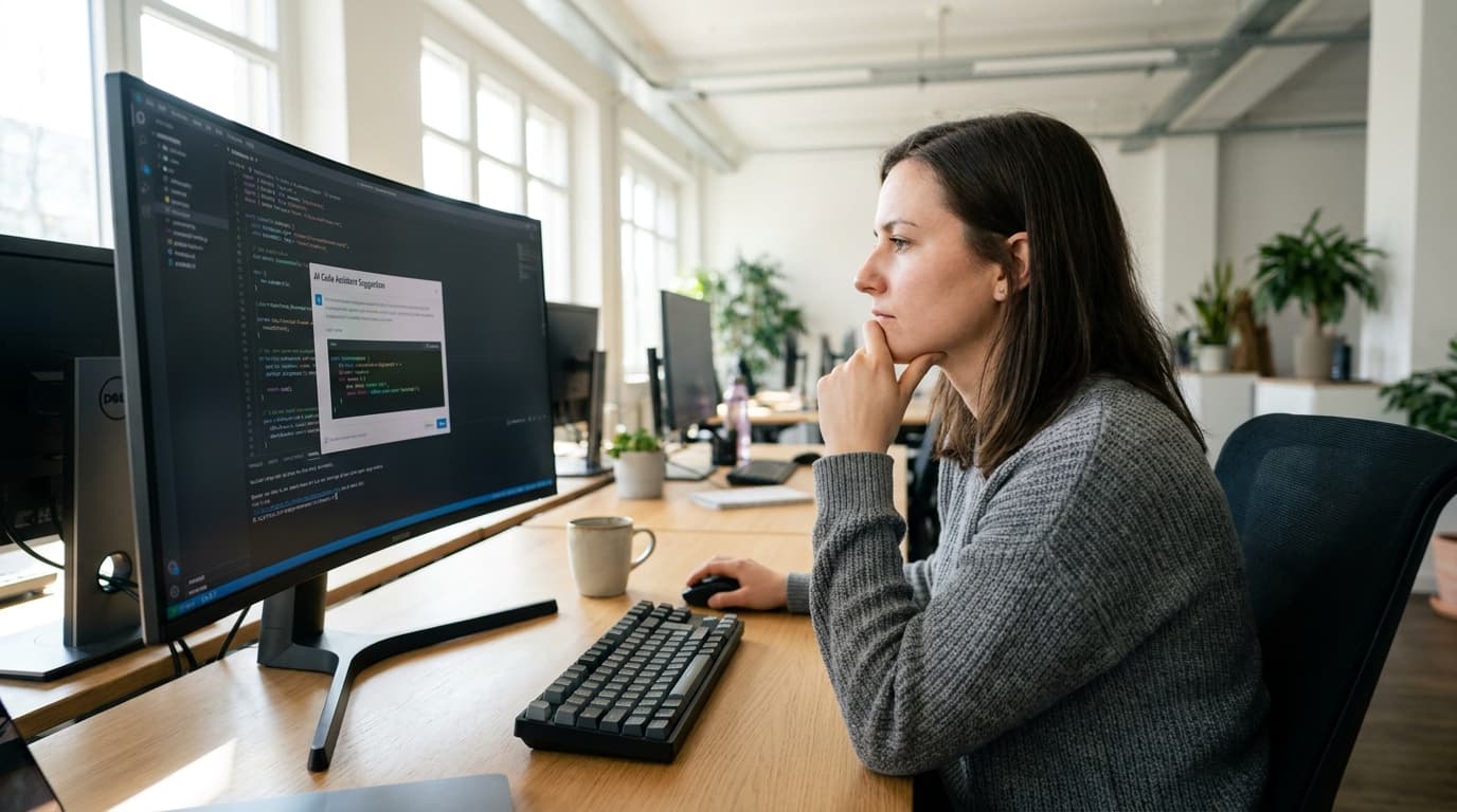 A developer sits at their desk, examining code on a computer screen that shows an AI assistant's code suggestion.